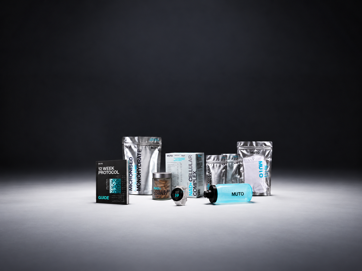 The MUTO first order: NAD+ Cellular Complex jar and refill pouches, Ultrapure Creatine, the bottle and the presentation box