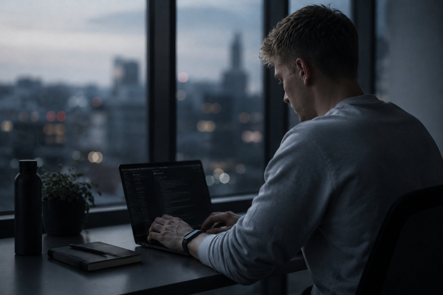 Commute or desk at dusk, cool desaturated grade