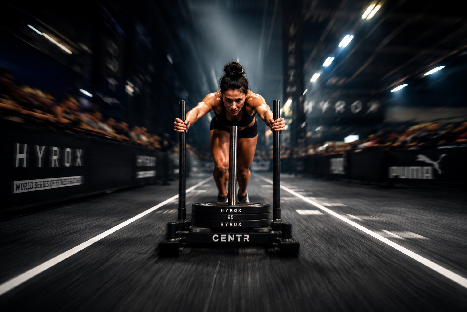 Hero: sled push, indoor arena, motion blur
