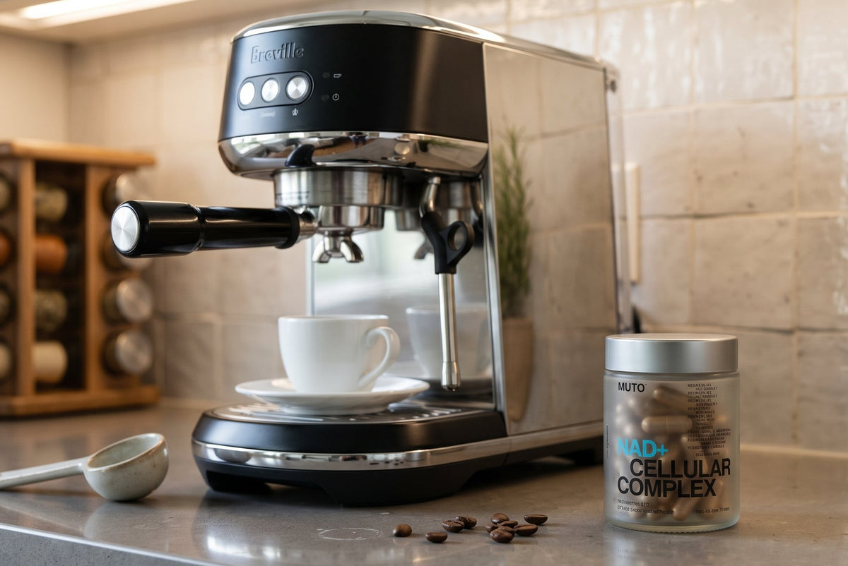 The MUTO jar and carton standing beside a coffee machine on a kitchen counter