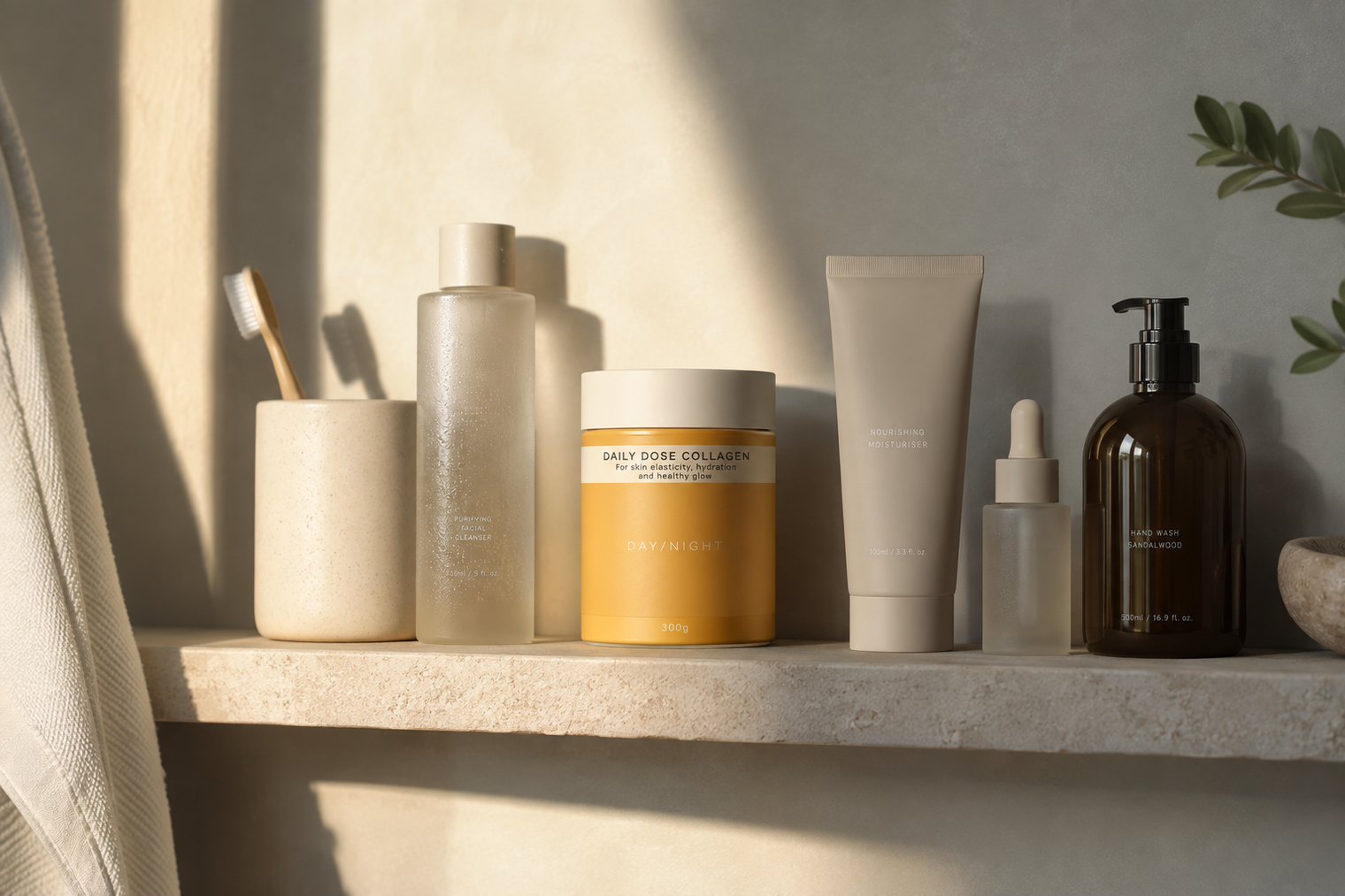 Hero: bathroom shelf, morning light, collagen tub among the products