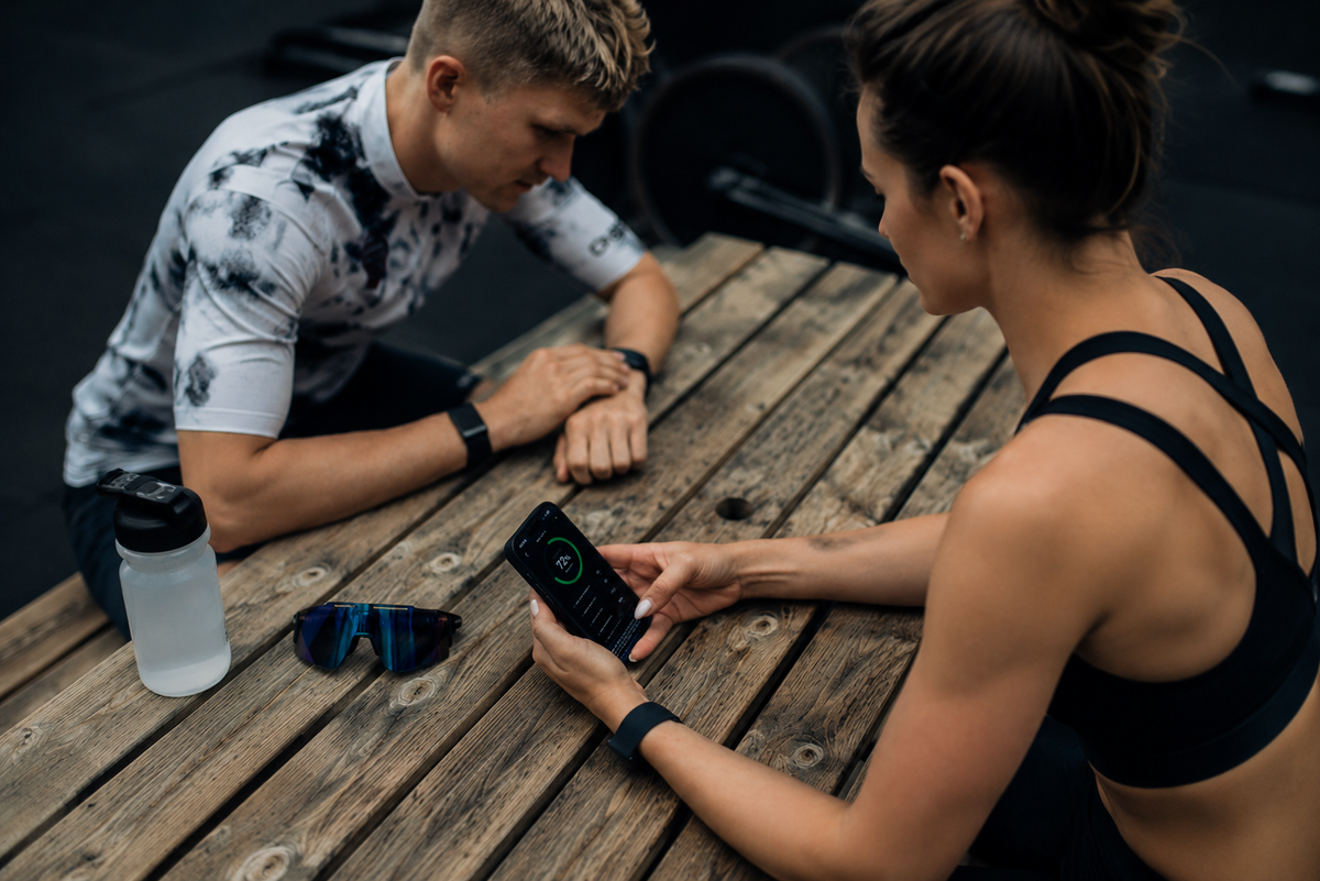 Hero: athlete checking wearable, cool desaturated grade