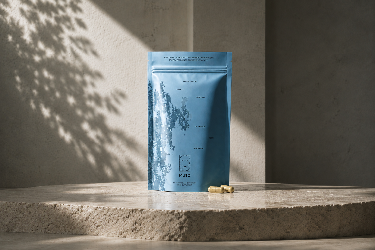 MUTO pouch and capsules on a stone surface, morning light